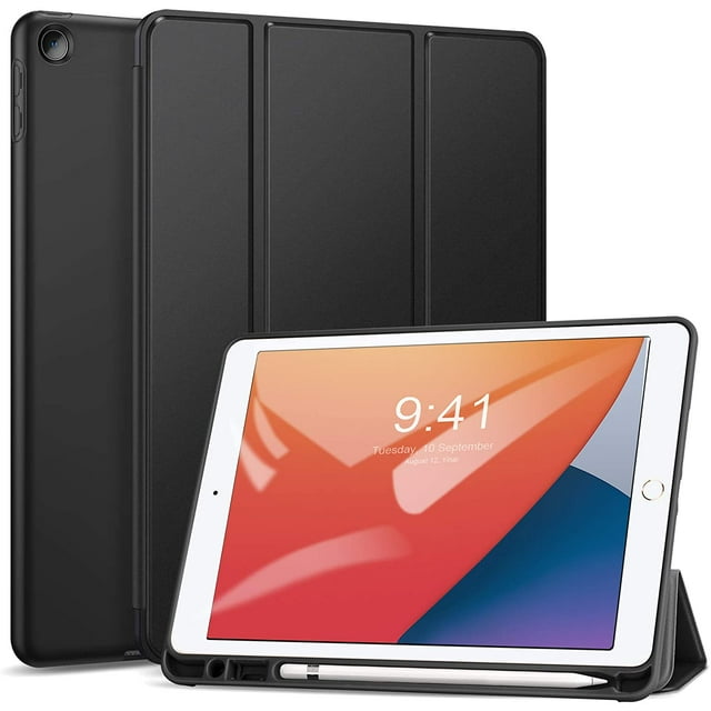 Case for iPad 7th Generation 10.2 Inch 2019, Full Body Protective Rugged Shockproof Case with Pencil Holder, Trifold Stand with Auto Sleep/Wake Smart Case Cover for iPad 10.2 2019 - Black