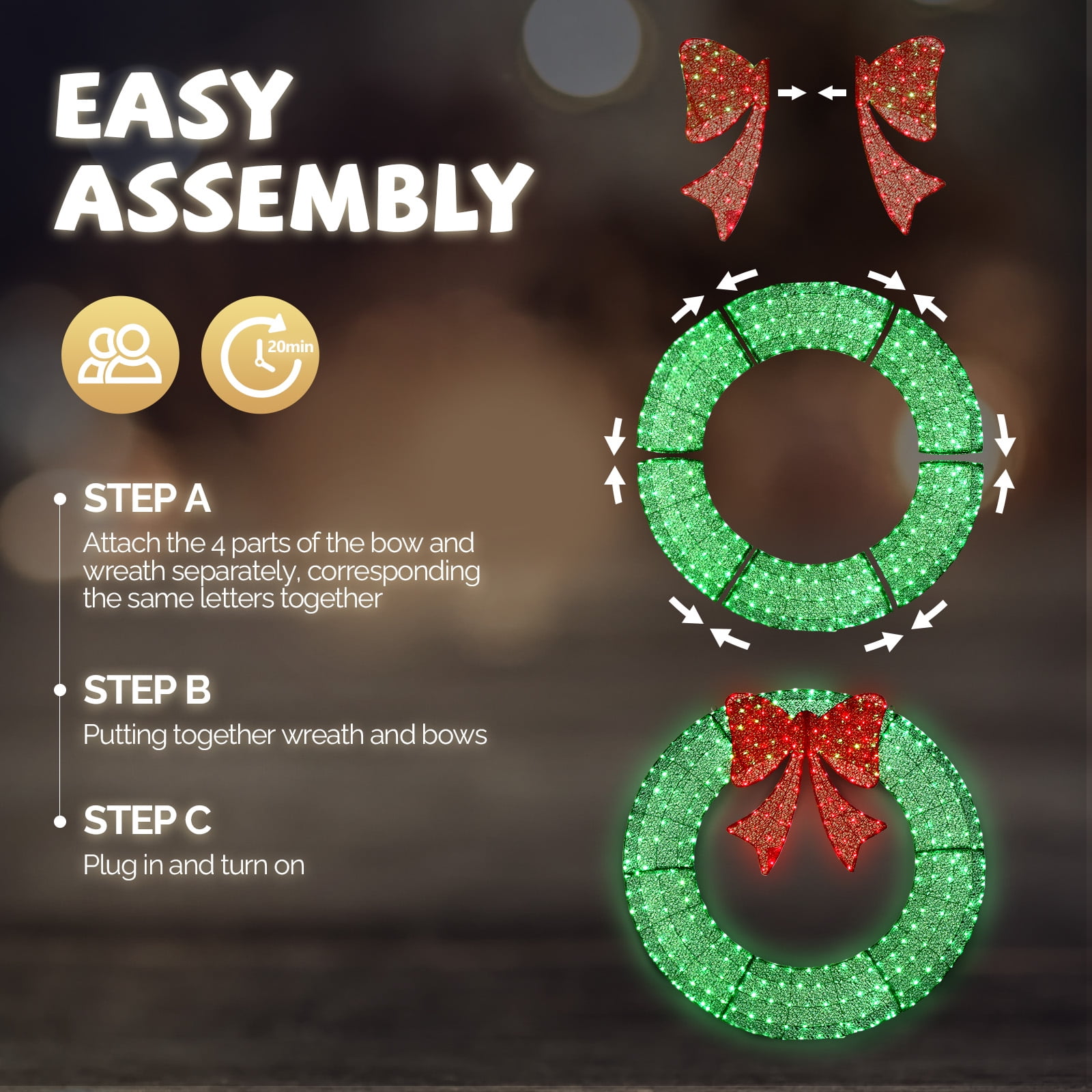 48in Pre-Lit Outdoor Christmas Wreath with 315 Warm White LED Lights Gold Frame Red Bow Timer Remote Control for Home Exterior Garden Green Red