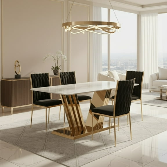 Sumdeal 5/7-Piece Dining Set, featuring a 70-inch modern faux marble dining table and 4/6 velvet-upholstered chairs, available in gold, silver, and solid colorways.