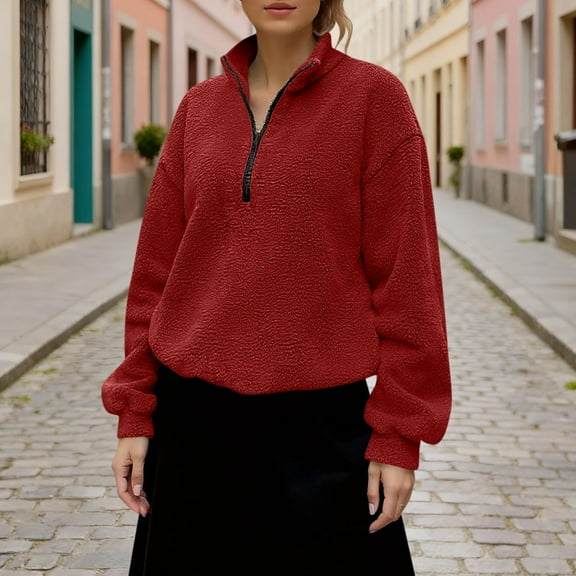 XUNKUSGA Womens Sweatshirt Fuzzy Fleece Sherpa Pullover Top Long Sleeve Half-Zip Sweatshirt for Women Solid Color Winter Fleece Jacket with Pockets S-2XL Red