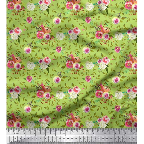 Soimoi Green Cotton Duck Fabric Leaf Floral Printed Fabric 1 Yard 42 Inch Wide