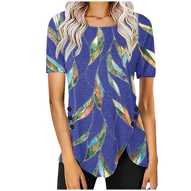 Blusas de Manga Corta para las Mujeres Botón Impreso Cuello Redondo Top Casual, Blusas para las Mujeres Casual