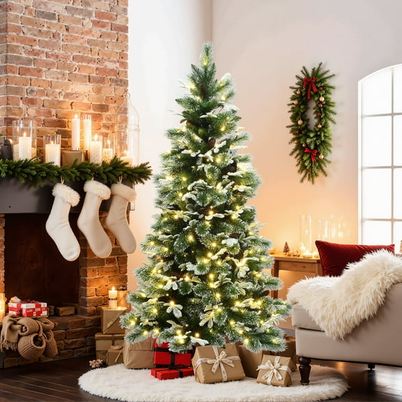 LuxenHome 6Ft Pre-Lit Snow-Flocked Green Branches Artificial Pine Christmas Tree with Metal Stand