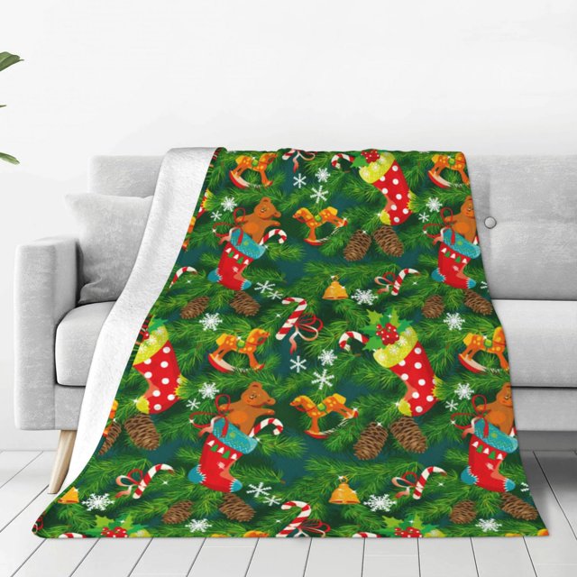 Balery Cute Christmas Stocking Bear Manta de Felpa Suave y Acogedora – Cobija de Franela Aterciopelada para Cama, Lavable y Cálida para Sofá, Mascotas, Transpirable-80"x60"
