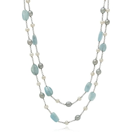 Aquamarine Jewelry - Aquamarine and Cultured Freshwater Pearl Sterling Silver 2-Row Necklace, 16