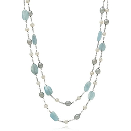 Baroque Milky Aquamarine and Cultured Freshwater Pearl Sterling Silver 2-Row Necklace, 16, 18