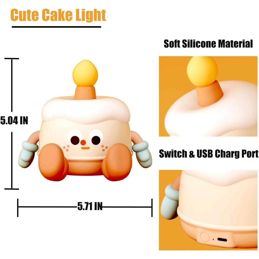 Night Light for Kids, Cute Happy Birthday Cake Night Lights with Music, Rechargeable Timer Silicone Nursery Lamp, 3 Levels Light & Phone Holder, Baby Night Light for Christmas Festival Gift (Orange)