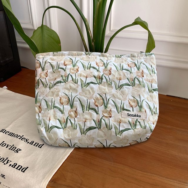 Bolso de cosméticos para mujer, con estampado de tulipán y textura, Bolso de maquillaje, organizador para el cuidado de la piel (beige)