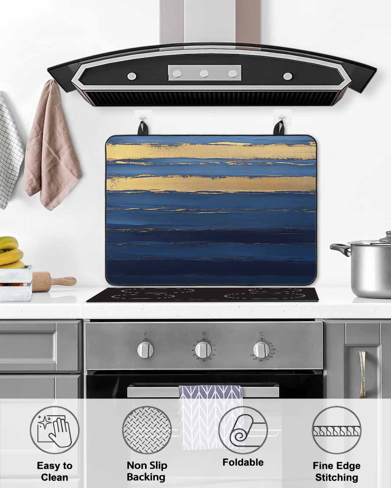 nqOlkjepod Large Induction Cooktop Protector Mat 36"x21", Blue Gold Wave Stove Top Covers for Electric Stove, Summer Coastal Ocean Stripe Decorative Stove Burner Cover Mats, Glass Top Stove Cover