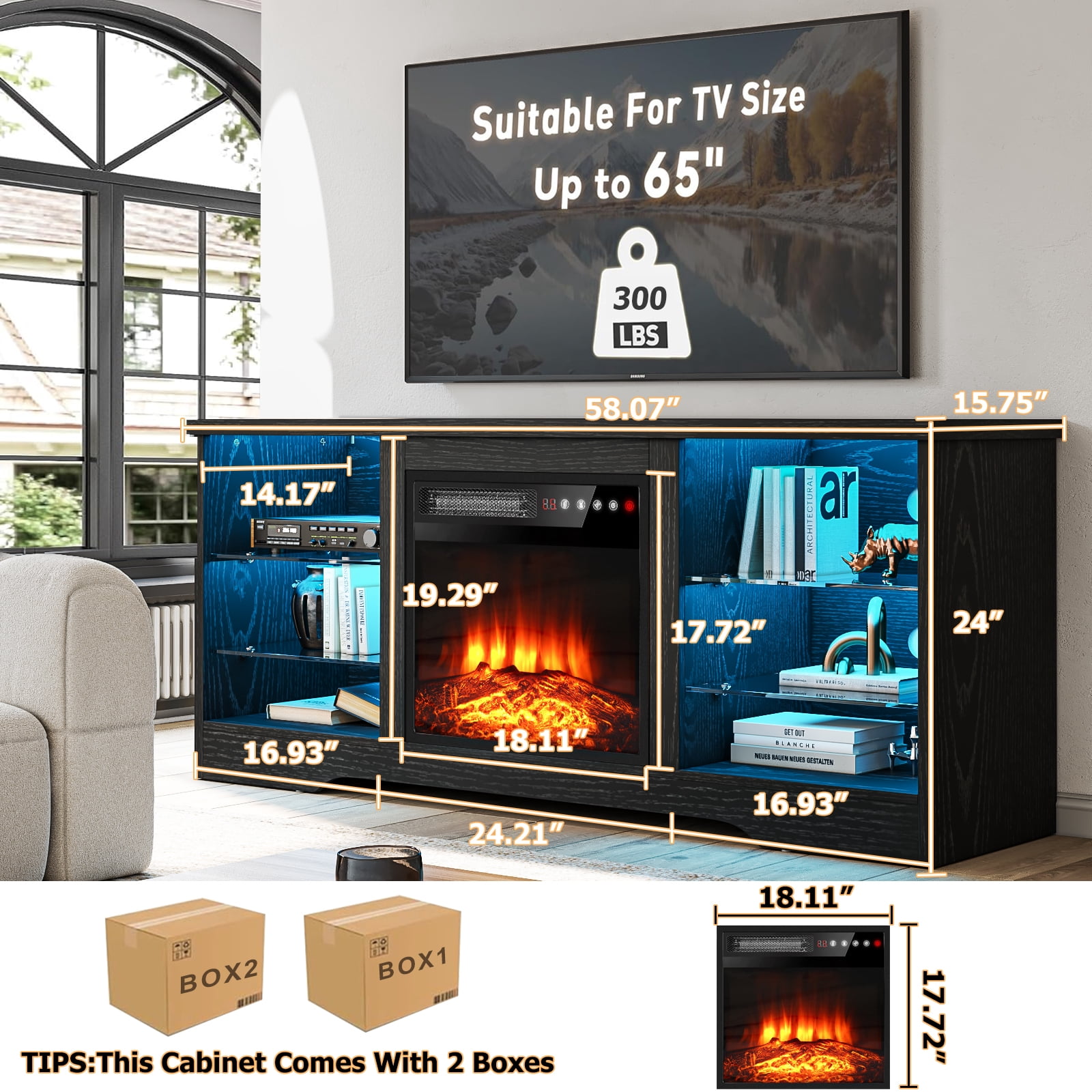BOSSIN 58" Fireplace TV Stand for 65 inch TV Console with 18'' Electric Fireplace & Remote, Wooden Modern Entertainment Center for Living Room with LED Light Glass Shelves