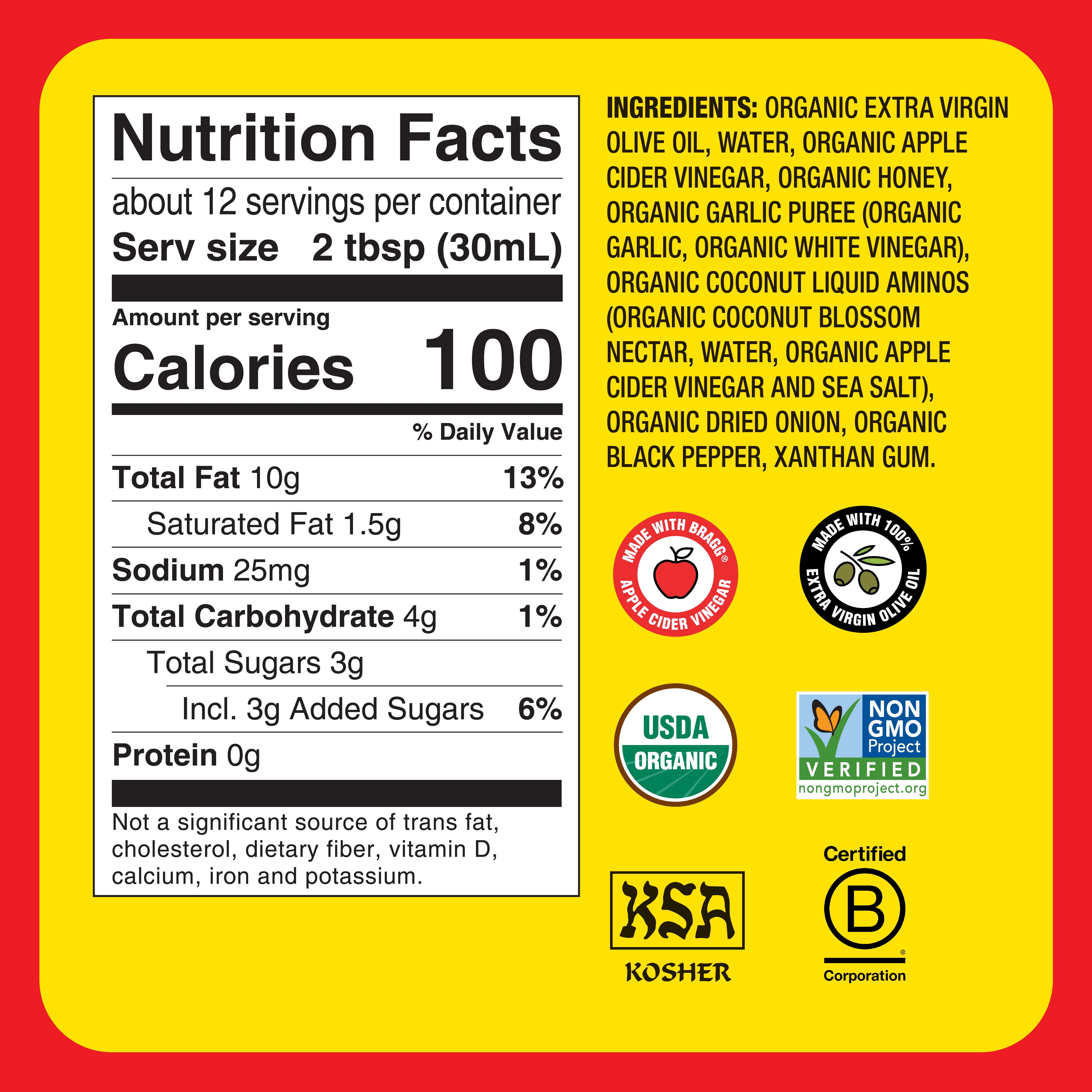 Bragg Organic Vinaigrette Salad Dressing and Marinade with Apple Cider Vinegar, 12 fl oz Bottle