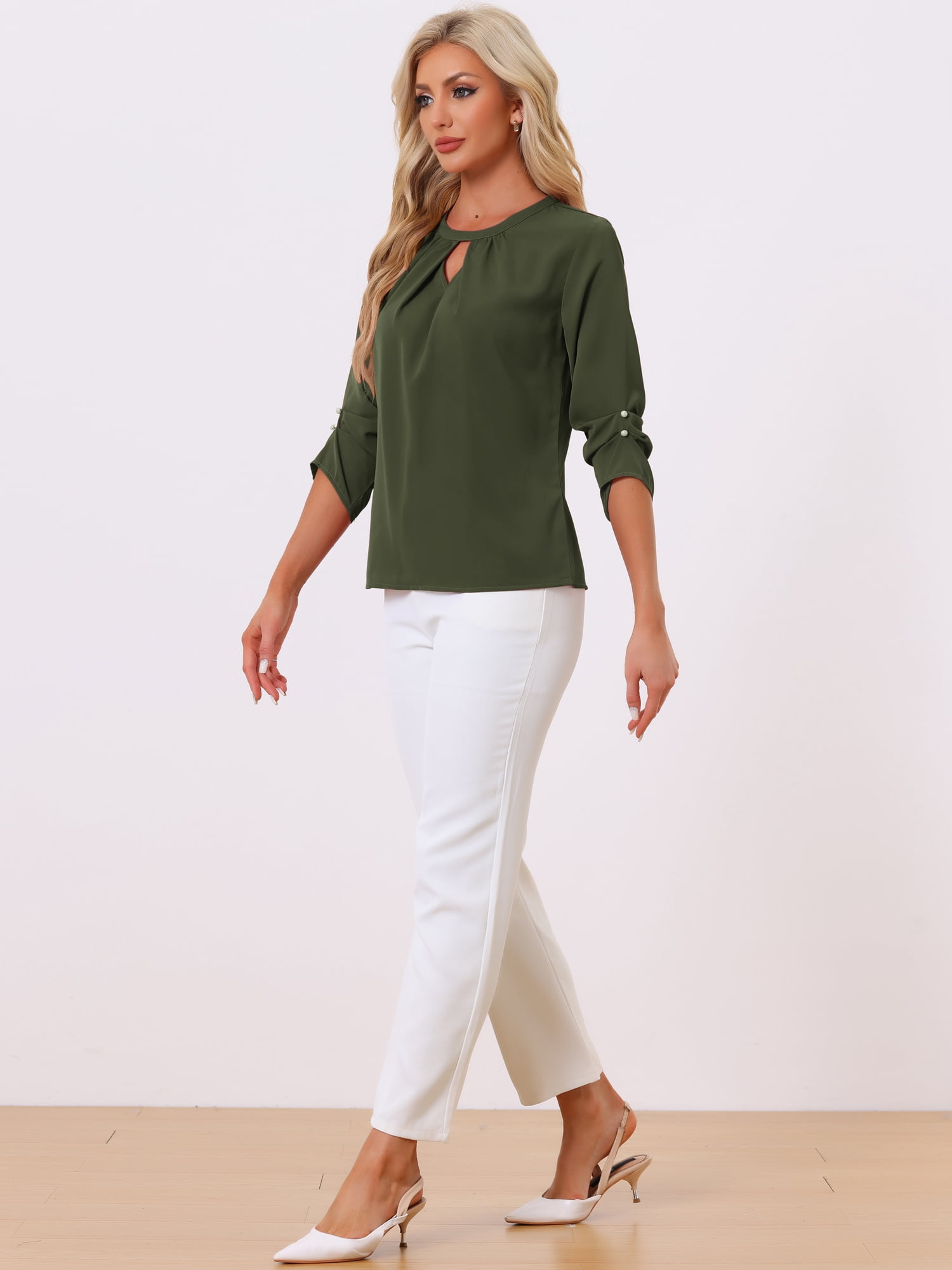 DARING DIVA Round Neck Keyhole Pleated Shirred Work Top XS Army Green