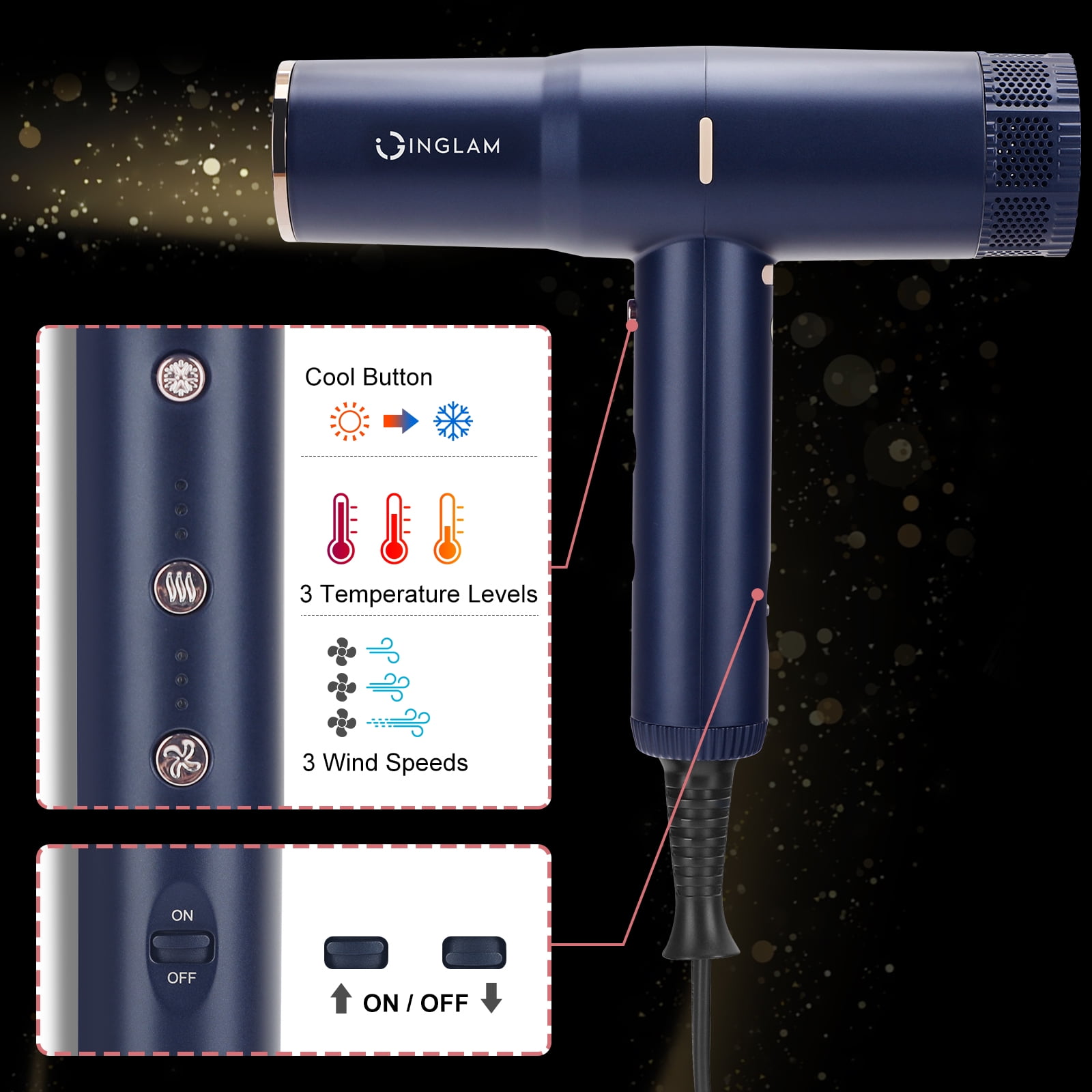 IG INGLAM 1875W ALCI Safety Plug, Lightweight Hair Dryer, 110,000 RPM Brushless Motor, Negative Ion Generator, 3 Heat & Speeds Settings, Auto Clean Function, Portable, 125V, 60HZ