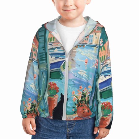 

Goofa Coastal Cat By The Window Printed Kids Zip-Up Hoodie Girls Boys UPF50+ Sun Protection Jacket Hooded Cooling Shirt-4 Years
