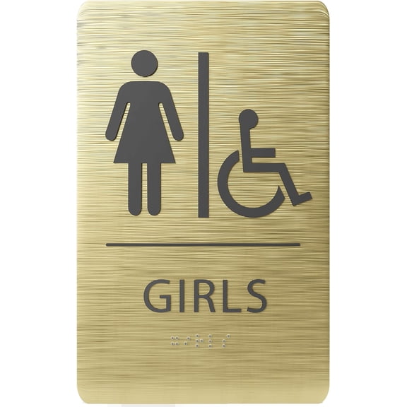 ADA CENTRAL SIGNS - 6"X9" Girls Accessible Restroom Sign - ADA Compliant Tactile Graphics Grade 2 Braille Text Wall Signs - Bathroom Door Placard Double Sided Tape Wheelchair Handicap Rest Room Sign