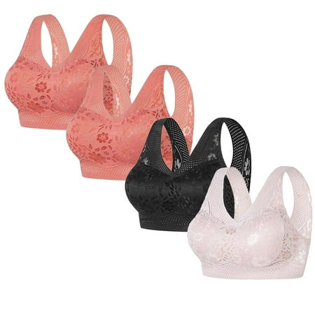 REORIAFEE Bras for Women 4 Pack Gathered Together Wireless Bras Floral Prints Brassiere Comfy Wide Strap Breathable Corset Underwear Comfortable Classic Support Lingerie Pink XXL