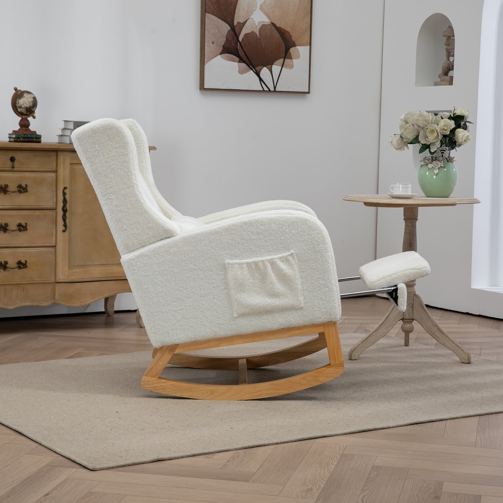 25.4"W Sherpa Upholstered Nursery Glider Chair with Retractable Footrest & Side Pocket, Mid-Century Wingback Rocking Armchair for Baby Room, Kids Bedroom and Living Room, Ivory