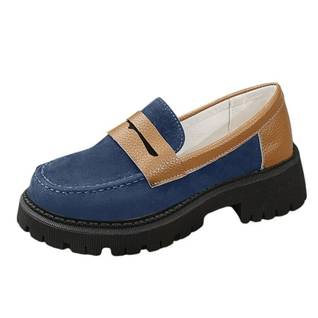 Women s Leather Platform Slip-On Loafers Classic Round Toe Lug Sole Business Casual Formal Work Shoes Blue