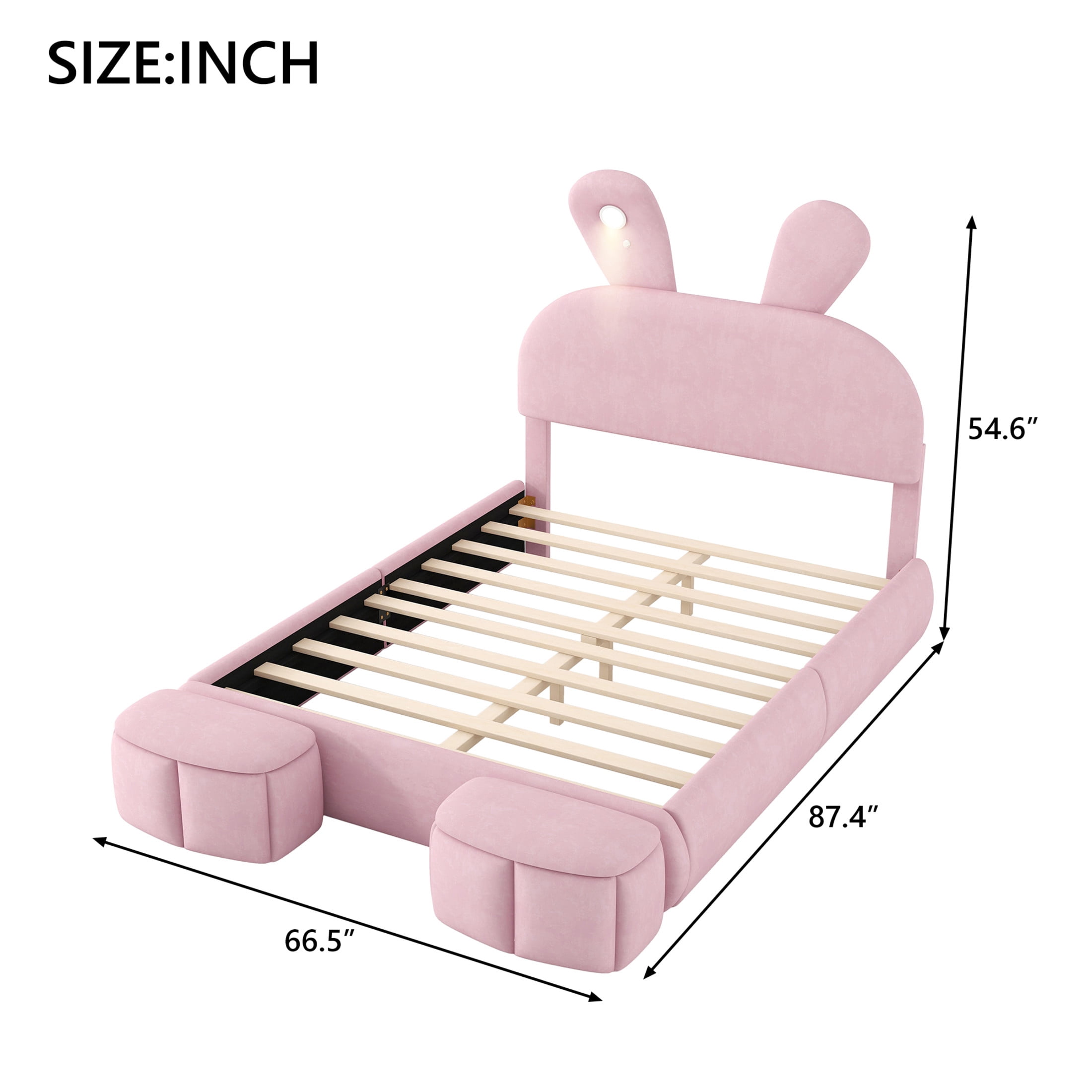 Noble House Full Size Linen Upholstered Platform Bed with Cartoon Ears Headboard and LED Light, Cute for Kids, Pink
