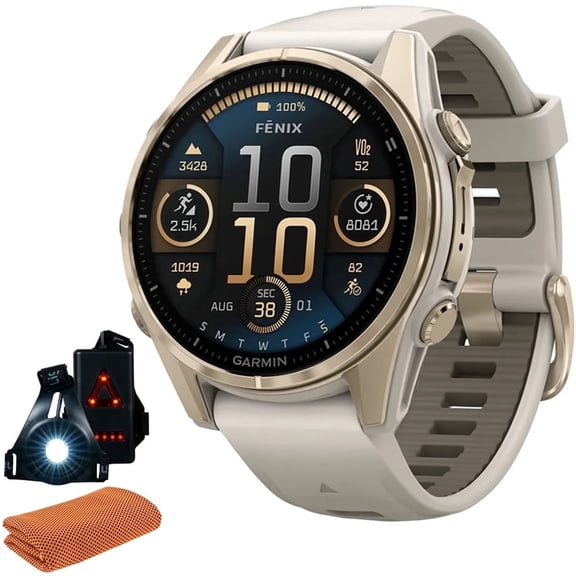 Garmin 010-02903-10 Fenix 8 43 mm, AMOLED, Sapphire, Soft Gold with Fog Gray Sandstone Silicone Band Bundle with Workout Cooling Sport Towel & Deco Essentials Wearable Front and Rear Safety Light