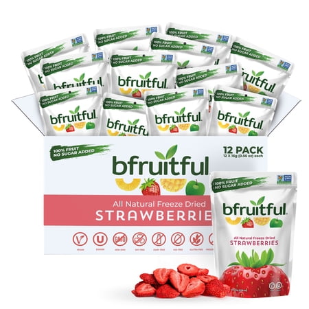 Bfruitful Freeze Dried Strawberries, Gluten Free, 12 Single-Serve Bags, Crunchy Strawberry Flavor