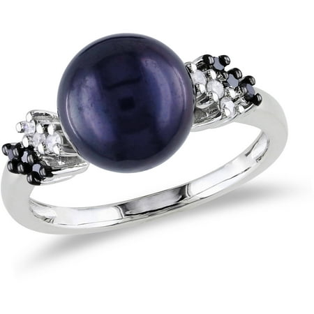 9mm-9.5mm Black Round Cultured Freshwater Pearl and 1/8 Carat T.W. Black and White Diamond Sterling Silver Cocktail Ring