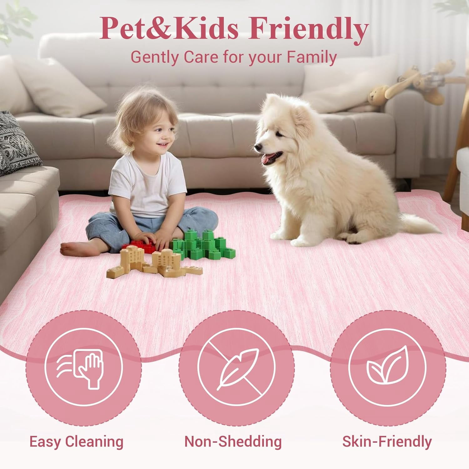 Washable Area Rug 9x12 Scalloped Rugs for Living Room 9x12 Large Scalloped Carpet, Non-Shedding Contemporary Easy Cleaning Mats, Solid Modern Pink Rug for Bedroom Dining Room Playroom