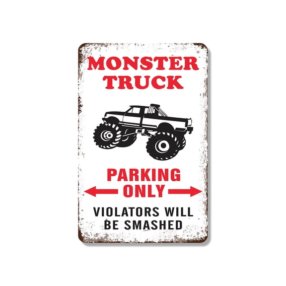 Monster Truck Parking Only Violators Will Be Smashed Vintage 10 Inch x 14 Inch Aluminum Metal Sign Big Tires Big Rules Perfect for Garages Kids Rooms Playrooms Fun Gift for Monster