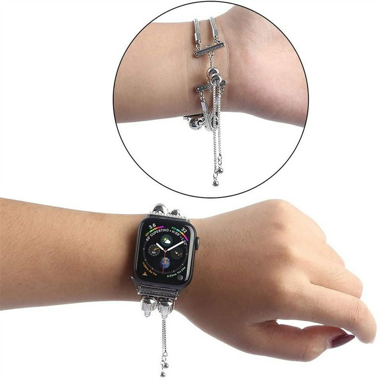 Women Apple Watch Band 38mm 40mm 41mm 42mm 44mm 45mm Adjustable Size iWatch  Bracelet Sterling Silver Heart Medallion Apple Watch Bangle