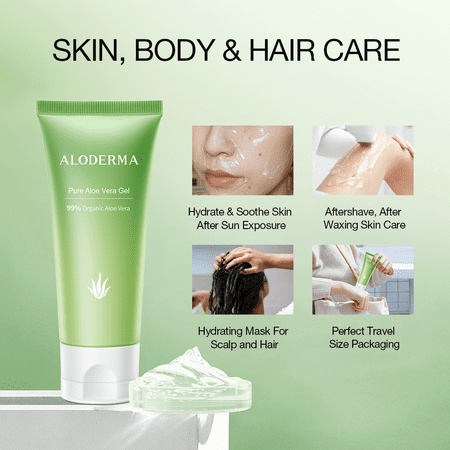 Aloderma Pure Aloe Vera Gel, 99% Organic Aloe Gel Made at the Source within 12 Hours of Harvest, Travel Size Aloe Vera Gel for Face, Scalp, Hair - Cold Pressed Aloe for Skin and Sunburn Relief - 1.5oz