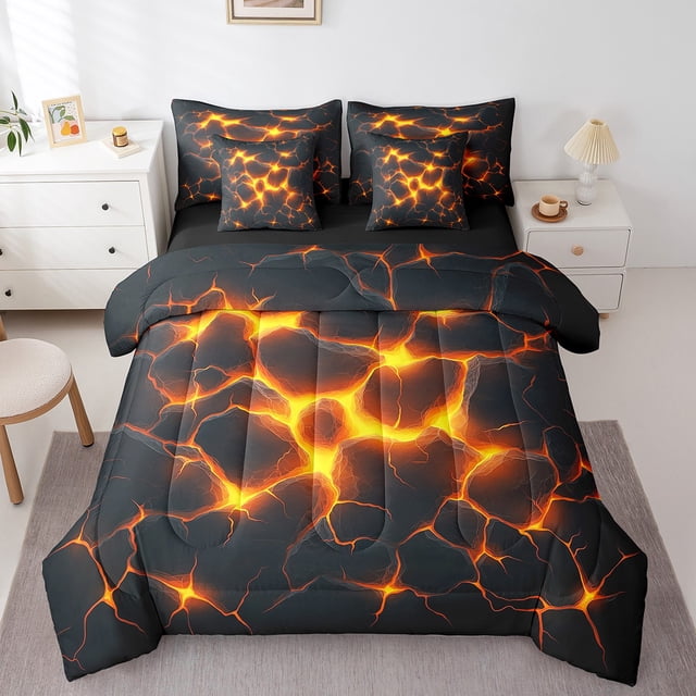 Erosebridal Ensemble de Literie Complet Motif Flammes de Catastrophe Naturelle Format Grand Lit, Literie Fluide Volcanique Liquide Format Grand Lit, Décor Géométrique, Réversible, Ultra Doux, 7 Pcs