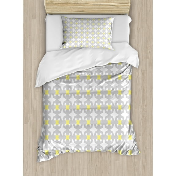 Grey and Yellow Duvet Cover Set, Retro Geometric Vintage Design Star Shapes with Dots, Decorative 2 Piece Bedding Set with 1 Pillow Shams, Twin Size, Pale Yellow Warm Taupe, by Ambesonne