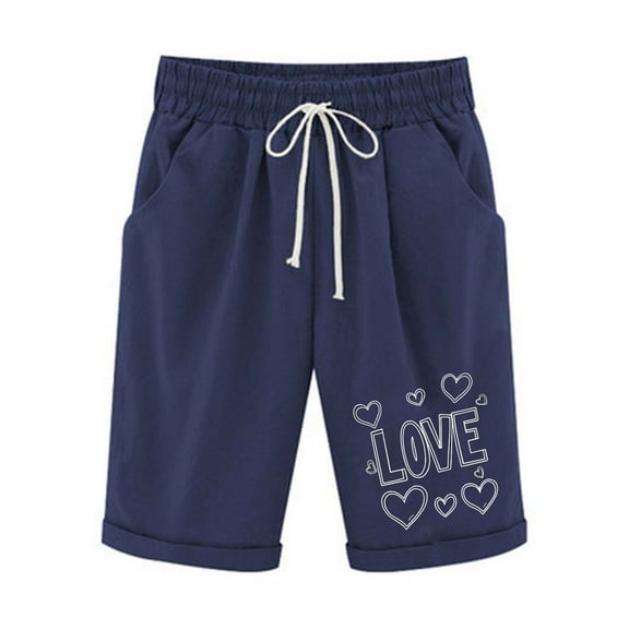 hotojiny Shorts for Women Straight Leg Rolled Knee Length Trousers Cotton Linen Drawstring Elastic Waist Heart Graphic Shorts with Pockets