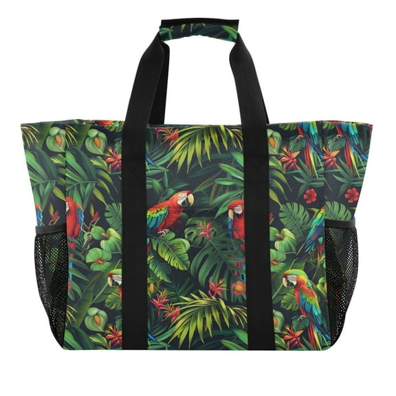 Parrot Birds in Jungle Reusable Grocery Bags with Handle Side Pocket Waterproof Shopping Portable Tote