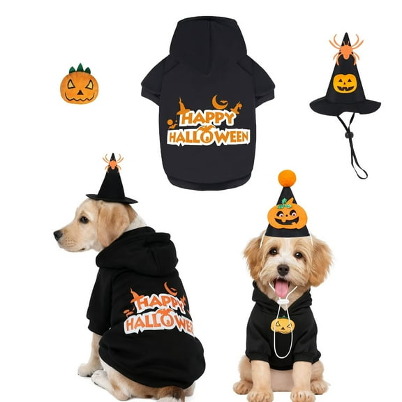 Dog Halloween Accessories Set, Dog Hoodie Clothes, Hat and Pumkin Decorations for Halloween Party, Dog Sweater Hooded for Puppies, Small Medium Large Dogs for Halloween Gift