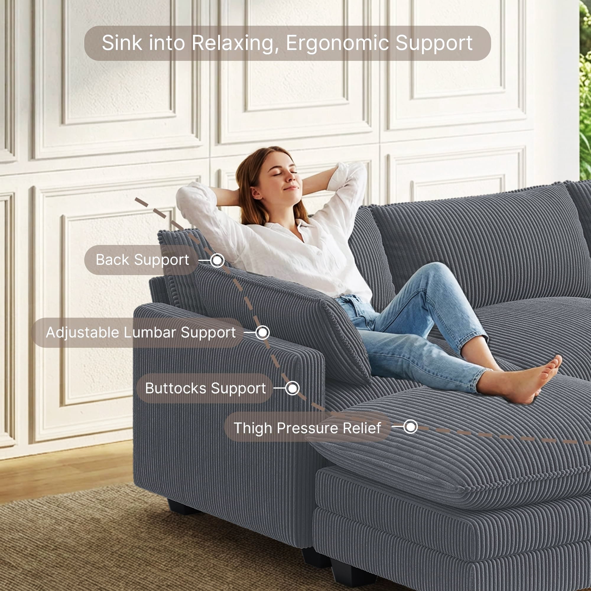 110.2" Cloud Sectional Couch with L-Shape Chaise,Lofka Modern Modular Sofa with Deep Seat, Upholstered Couches for Living Room Bedroom, Gray (Plush Corduroy Fabric)