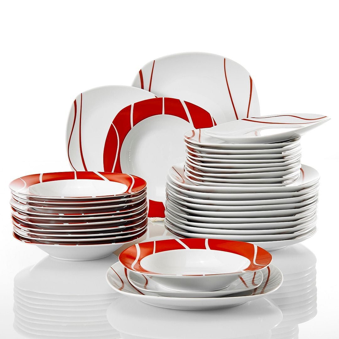 MALACASA, Series Felisa, 36-Piece Porcelain Dinnerware Set, Red Stripes  Ivory White Dinner Set, Service for 12 