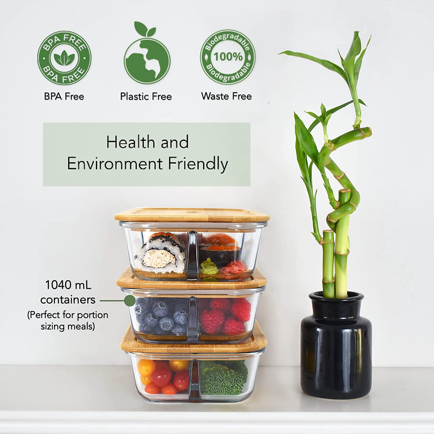 Glass Bento Box Containers with Bamboo Lids, 3 Compartment Set