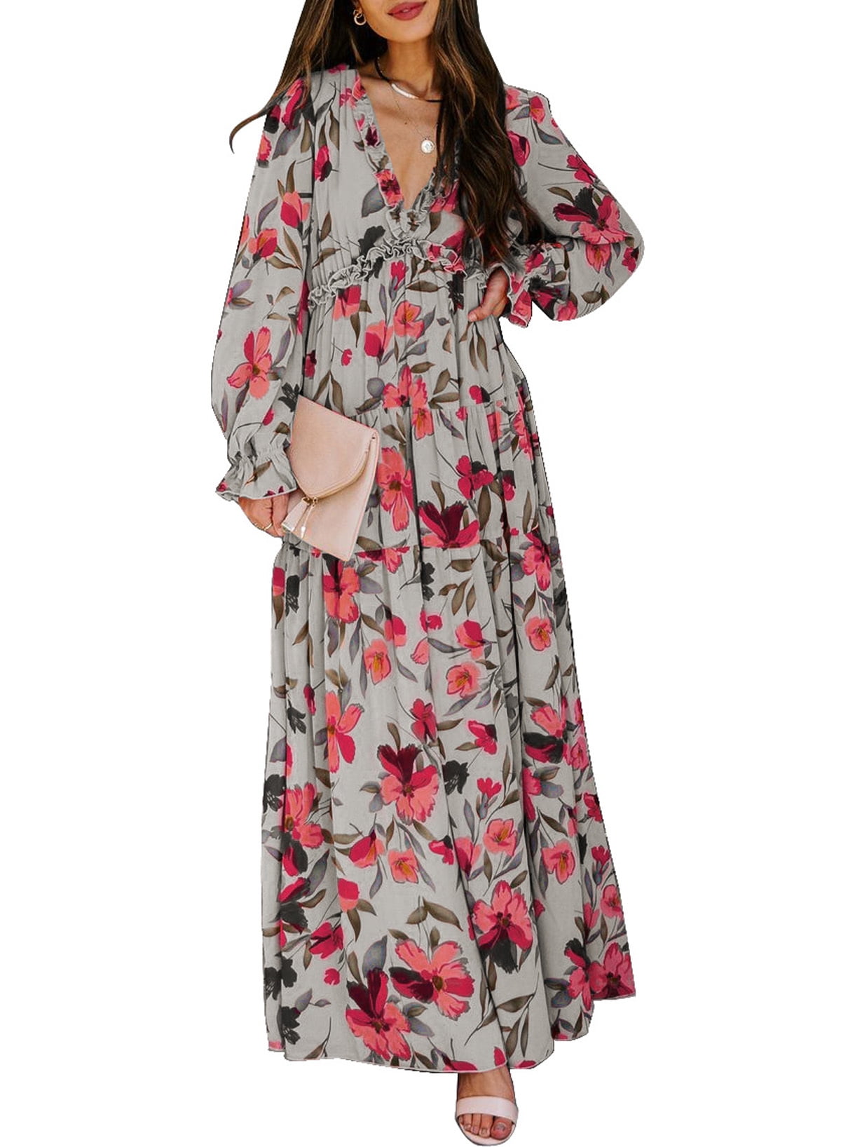Acelitt Womens Casual Floral Deep V Neck Long Sleeve Long Evening Dress ...