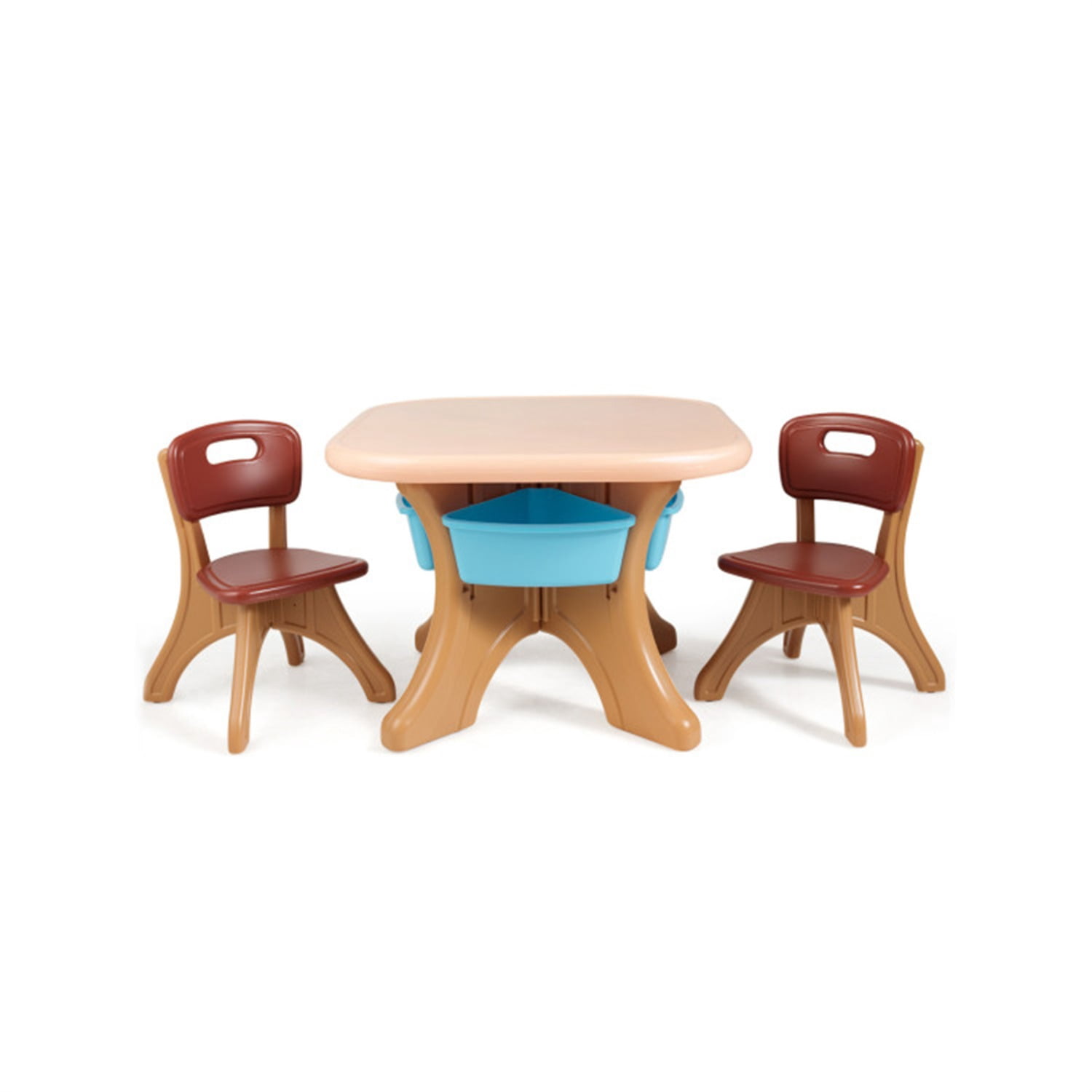 Brown Kids Table and 2 Chairs Set with 4 Storage Boxes, Toddler Activity Table for Drawing Playing Eating, Children Furniture for Indoor Outdoor