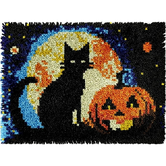 Easy DIY Latch Hook Rug Kits Moon Night Cat DIY Cushion Tapestry Making Crochet Hooking Mat Making Kits With Printed Pattern Canvas DIY Carpet Needlework Crochet Kits 52x38cm