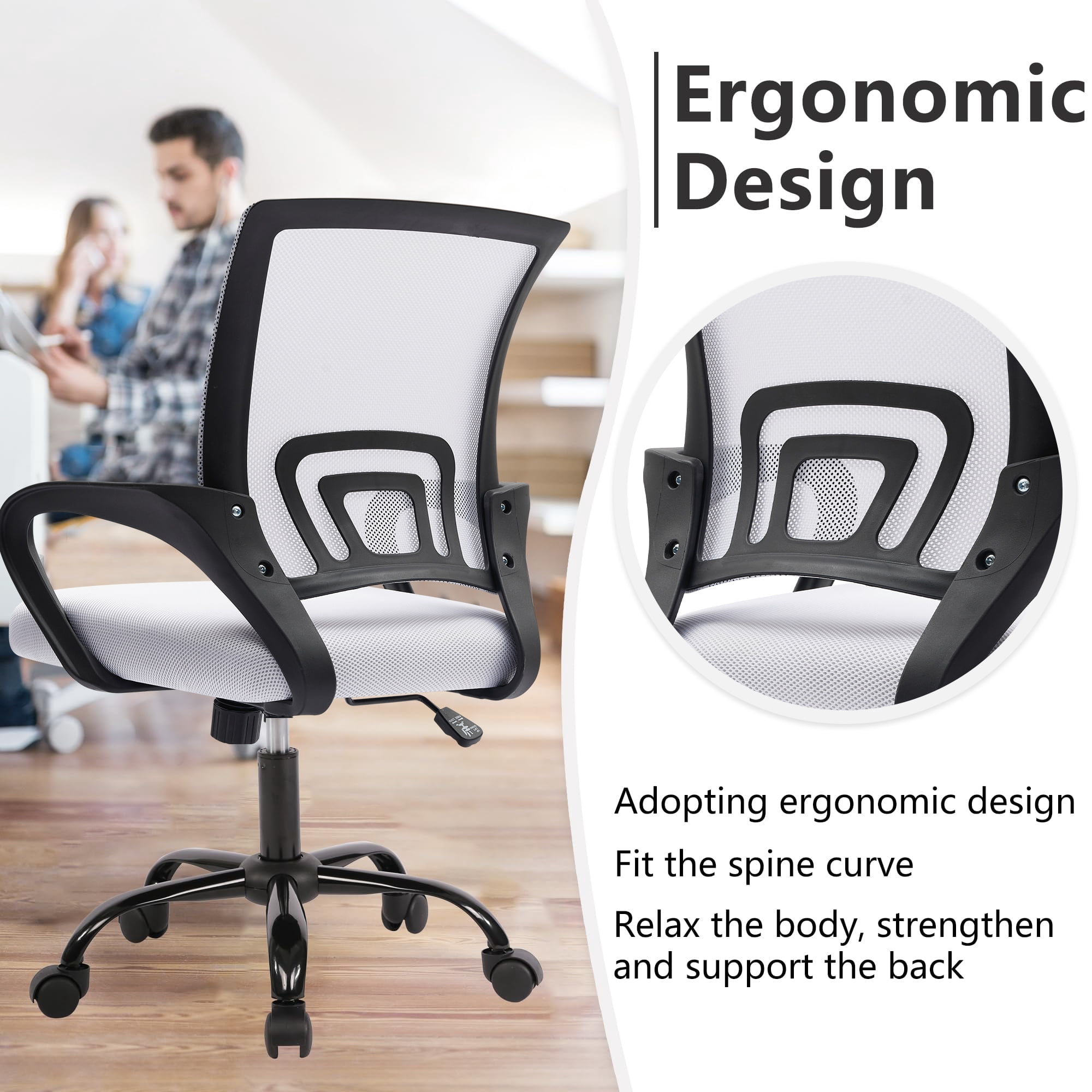 JONPONY Ergonomic Office Chair，Swivel Desk Chair with Lumbar Support, Adjustable Height with Armrests for Adults,White
