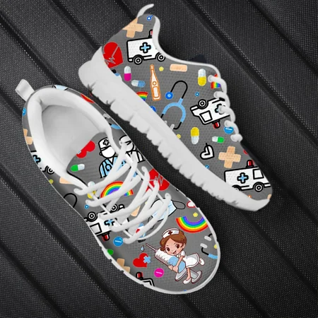 

2023 New Nurse Shoes Classic Cartoon Nurse Girls Ambulance ECG Medical Pattern Lace-up Sneakers Outdoor Footwear Hot