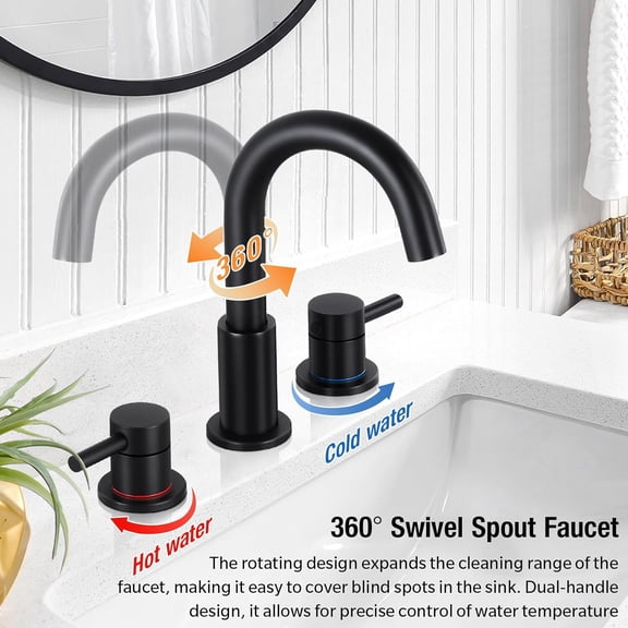 8-Inch Black Bathroom Faucet, 3-Hole Widespread — Two-Handle Vanity Faucet with Pop-Up Drain & 360 °   Swivel Spout — Easy Install Sink Tap