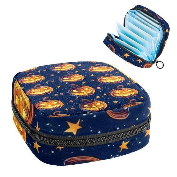 Sanitary Napkin Storage Bag for Girls Women, Portable First Period Pads Bag Tampons Holder Girls Travel Makeup Bag, Large Capacity Halloween Pumpkins Background