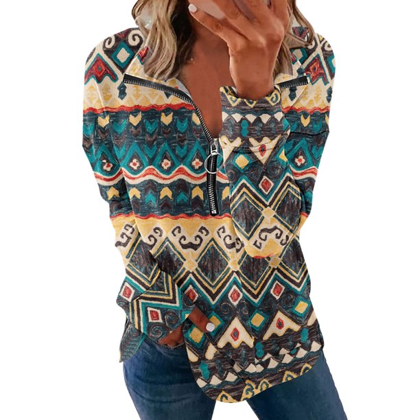 ICHUANYI Clearance Women's Fashion Loose Turtleneck Print Zip Sleeve Sweatshirt Top Blouse(Yellow, XXL) ICHUANYI WER2023080710878