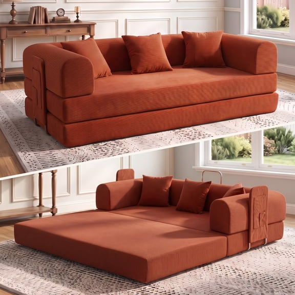 Actoroom 79" Convertible Sofa Bed with Side Storage Pocket, Corduroy Boneless Couch for Living Room, Orange