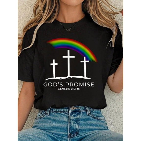 Funny Rainbow Christ Cross - Christian Quote God's Promise T-Shirt Tee Shirts Women