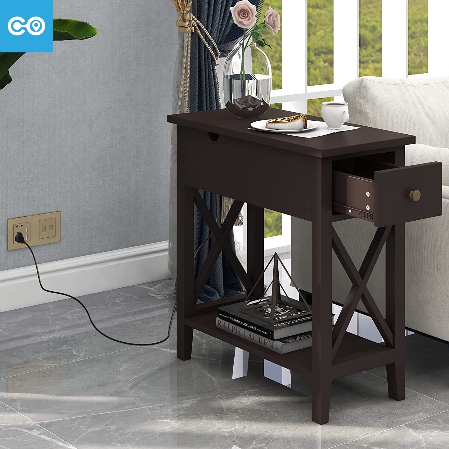 End Table with Flip Top and Charging Station Narrow Side Table with