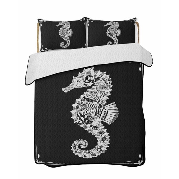 Full Size Quilt Bedding Set, Coastal Seahorse Reversible Summer Quilt 3 Pieces, Summer Ocean Chic Textured Black Lightweight Bedspreads Coverlets with 2 Pillow Shams for All Seasons